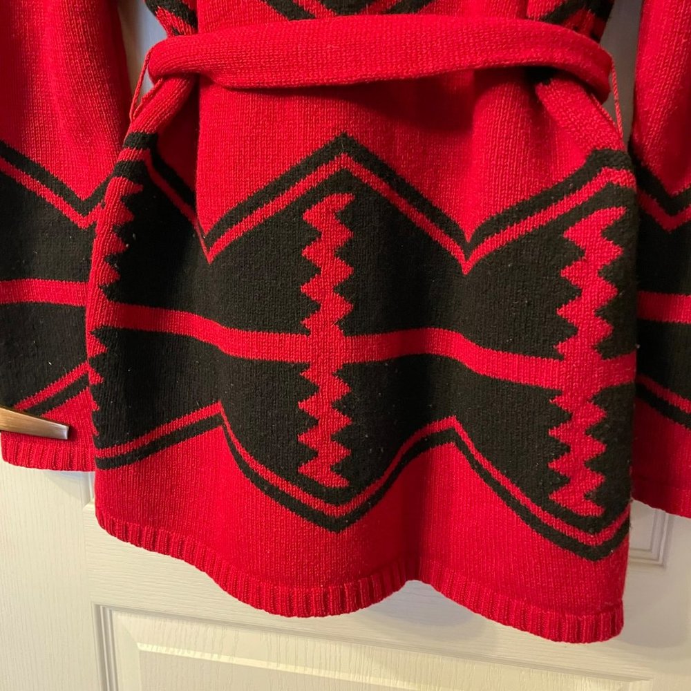 Lauren Ralph Lauren | Red Black Lambswool Aztec Belted Shawl Cardigan L Large - Picture 8 of 8